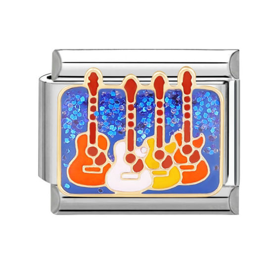 Bild von 1 Stück 304 Edelstahl Charm-Armband mit italienischen Gliedern zur Herstellung von DIY-Schmuck Silberfarbe Bunt Rechteck Gitarre 10mm x 9mm