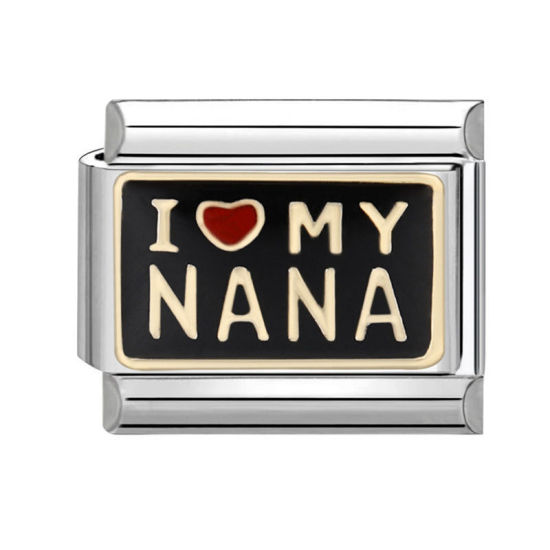 Bild von 1 Stück 304 Edelstahl Charm-Armband mit italienischen Gliedern zur Herstellung von DIY-Schmuck Silberfarbe Schwarz Rechteck Message " I Love My Nana " 10mm x 9mm