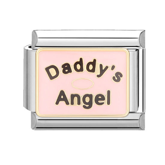 Изображение 1 ШТ 304 Нержавеющая Сталь Очаровательный итальянский браслет со звеньями Изготовление ювелирных изделий своими руками Серебряный Тон Розовый Прямоугольник Сообщение " Daddy's Angel " 10мм x 9мм