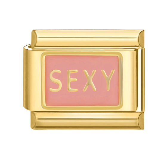 Bild von 1 Stück 304 Edelstahl Charm-Armband mit italienischen Gliedern zur Herstellung von DIY-Schmuck Vergoldet Rosa Rechteck Message " sexy " 10mm x 9mm