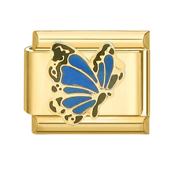 Bild von 1 Stück 304 Edelstahl Charm-Armband mit italienischen Gliedern zur Herstellung von DIY-Schmuck Vergoldet Blau Rechteck Schmetterling 10mm x 9mm