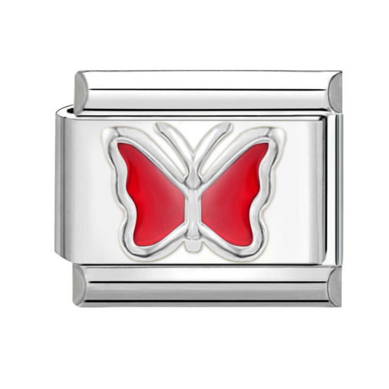 Bild von 1 Stück 304 Edelstahl Charm-Armband mit italienischen Gliedern zur Herstellung von DIY-Schmuck Silberfarbe Rot Rechteck Schmetterling 10mm x 9mm