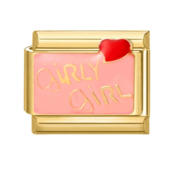 Bild von 1 Stück 304 Edelstahl Valentinstag Charm-Armband mit italienischen Gliedern zur Herstellung von DIY-Schmuck Vergoldet Rosa Rechteck Herz Message " Girly Girl " 10mm x 9mm