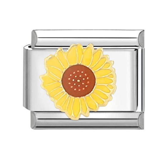 Bild von 1 Stück 304 Edelstahl Charm-Armband mit italienischen Gliedern zur Herstellung von DIY-Schmuck Silberfarbe Gelb Rechteck Chrysantheme 10mm x 9mm