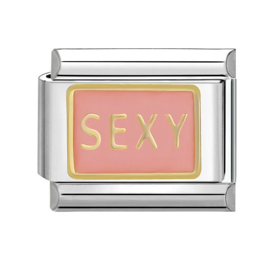 Изображение 1 ШТ 304 Нержавеющая Сталь Очаровательный итальянский браслет со звеньями Изготовление ювелирных изделий своими руками Серебряный Тон Розовый Прямоугольник Сообщение " sexy " 10мм x 9мм