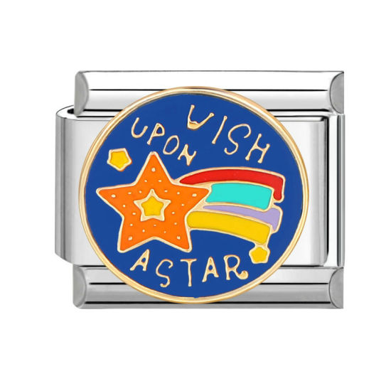 Imagen de 1 Unidad 304 Acero Inoxidable Charm Pulsera de Eslabones Italianos para Hacer Joyas DIY Tono de Plata Multicolor Rectángulo Estrellas de cinco puntos Mensaje " Wish Up On A Star " 10mm x 9mm