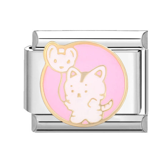 Изображение 1 ШТ 304 Нержавеющая Сталь Очаровательный итальянский браслет со звеньями Изготовление ювелирных изделий своими руками Серебряный Тон Розовый Прямоугольник Кошка 10мм x 9мм