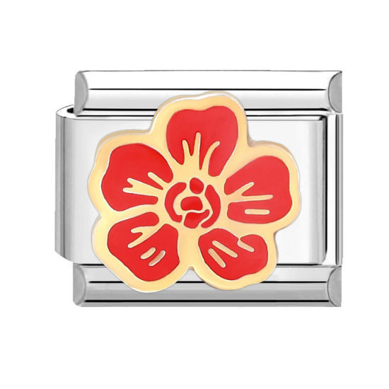 Imagen de 1 Unidad 304 Acero Inoxidable Charm Pulsera de Eslabones Italianos para Hacer Joyas DIY Tono de Plata Rojo Rectángulo Flor 10mm x 9mm