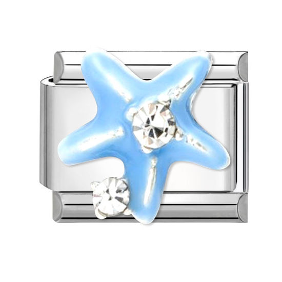Bild von 1 Stück 304 Edelstahl Charm-Armband mit italienischen Gliedern zur Herstellung von DIY-Schmuck Silberfarbe Blau Rechteck Seesterne 10mm x 9mm