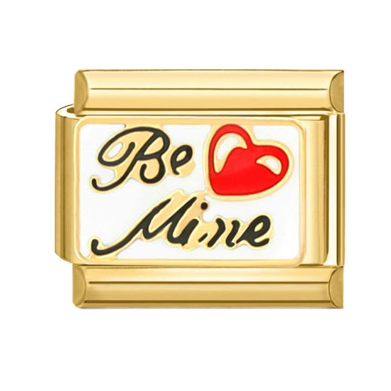Picture of 1 Piece 304 Stainless Steel Valentine's Day Italian Charm Links For DIY Bracelet Jewelry Making Gold Plated Red Rectangle Heart Message " BE MINE " 10mm x 9mm