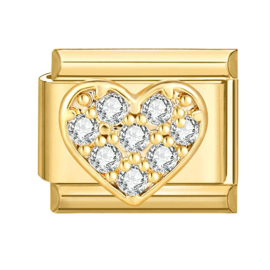 Изображение 1 ШТ 304 Нержавеющая Сталь День святого Валентина Очаровательный итальянский браслет со звеньями Изготовление ювелирных изделий своими руками Позолоченный Прямоугольник Сердце Прозрачный Стразы 10мм x 9мм