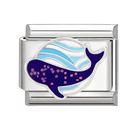 Bild von 1 Stück 304 Edelstahl Charm-Armband mit italienischen Gliedern zur Herstellung von DIY-Schmuck Silberfarbe Blau Rechteck Wal 10mm x 9mm