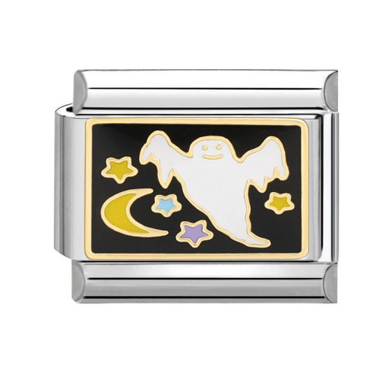 Imagen de 1 Unidad 304 Acero Inoxidable Charm Pulsera de Eslabones Italianos para Hacer Joyas DIY Tono de Plata Multicolor Rectángulo Halloween Fantasma 10mm x 9mm