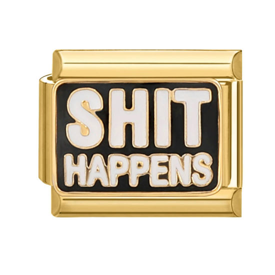 Picture of 1 Piece 304 Stainless Steel Italian Charm Links For DIY Bracelet Jewelry Making Gold Plated Black Rectangle Message " Shit Happens " 10mm x 9mm