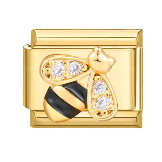 Picture of 1 Piece 304 Stainless Steel Italian Charm Links For DIY Bracelet Jewelry Making Gold Plated Black Rectangle Bee Clear Rhinestone 10mm x 9mm