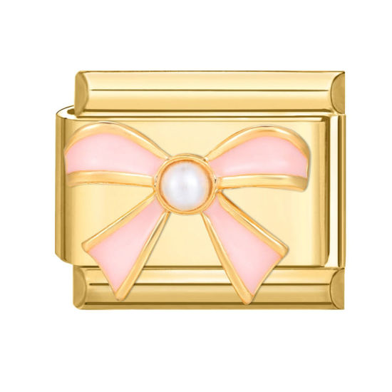 Picture of 1 Piece 304 Stainless Steel Italian Charm Links For DIY Bracelet Jewelry Making Gold Plated Pink Rectangle Bowknot 10mm x 9mm