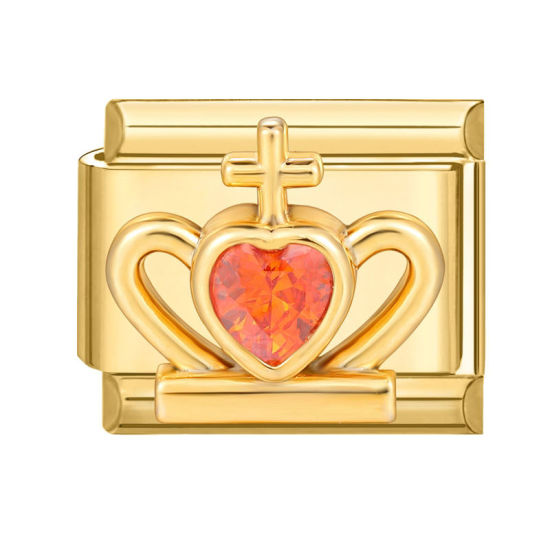 Picture of 1 Piece 304 Stainless Steel Italian Charm Links For DIY Bracelet Jewelry Making Gold Plated Rectangle Crown Red Rhinestone 10mm x 9mm