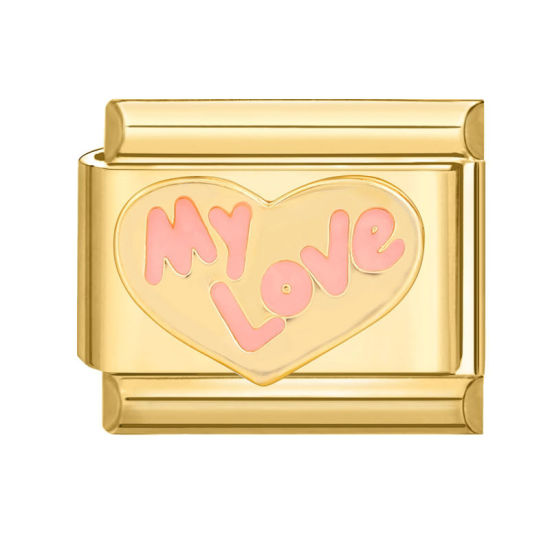 Picture of 1 Piece 304 Stainless Steel Valentine's Day Italian Charm Links For DIY Bracelet Jewelry Making Gold Plated Pink Rectangle Heart 10mm x 9mm