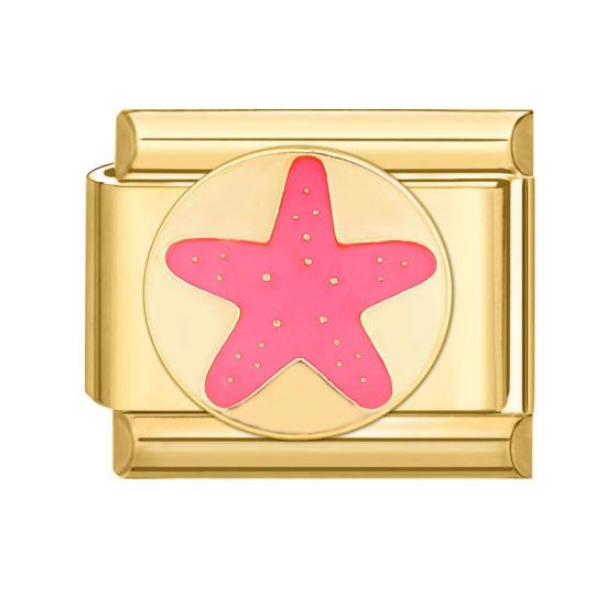 Picture of 1 Piece 304 Stainless Steel Italian Charm Links For DIY Bracelet Jewelry Making Gold Plated Pink Rectangle Starfish 10mm x 9mm