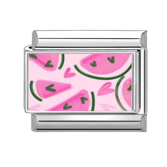 Изображение 1 ШТ 304 Нержавеющая Сталь Очаровательный итальянский браслет со звеньями Изготовление ювелирных изделий своими руками Серебряный Тон Розовый Прямоугольник Арбуз фрукты 10мм x 9мм