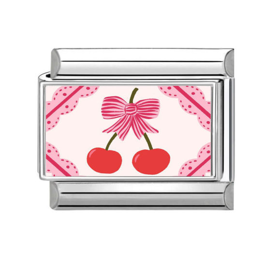 Изображение 1 ШТ 304 Нержавеющая Сталь Очаровательный итальянский браслет со звеньями Изготовление ювелирных изделий своими руками Серебряный Тон Розовый Прямоугольник Вишня 10мм x 9мм