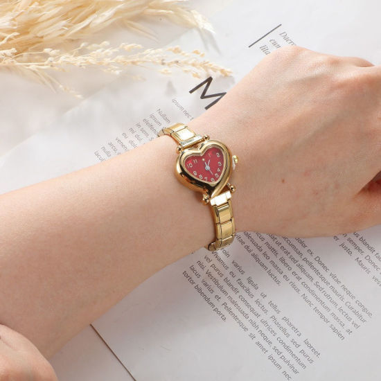 Imagen de 1 Unidad 304 Acero Inoxidable Chapado en Oro Reloj de Pulsera Modular de Enlace de Encanto Italiano, Elegante día de San Valentín Corazón Rojo Para Mujeres Regalo 18.5cm longitud