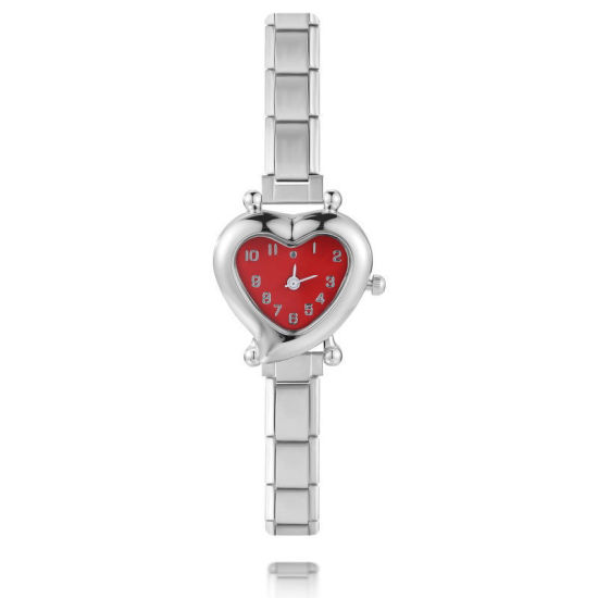 Imagen de 1 Unidad 304 Acero Inoxidable Tono de Plata Reloj de Pulsera Modular de Enlace de Encanto Italiano, Elegante día de San Valentín Corazón Rojo Para Mujeres Regalo 18.5cm longitud