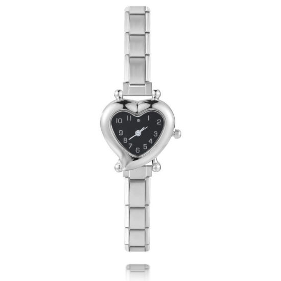 Imagen de 1 Unidad 304 Acero Inoxidable Tono de Plata Reloj de Pulsera Modular de Enlace de Encanto Italiano, Elegante día de San Valentín Corazón Negro Para Mujeres Regalo 18.5cm longitud