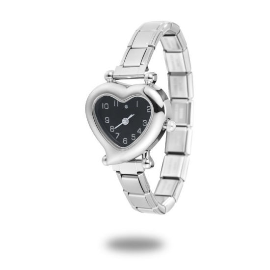 Imagen de 1 Unidad 304 Acero Inoxidable Tono de Plata Reloj de Pulsera Modular de Enlace de Encanto Italiano, Elegante día de San Valentín Corazón Negro Para Mujeres Regalo 18.5cm longitud