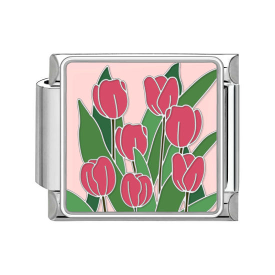 Picture of 1 Piece 304 Stainless Steel Italian Charm Links For DIY Bracelet Jewelry Making Silver Tone Multicolor Rectangle Tulip Flower 10mm x 9mm