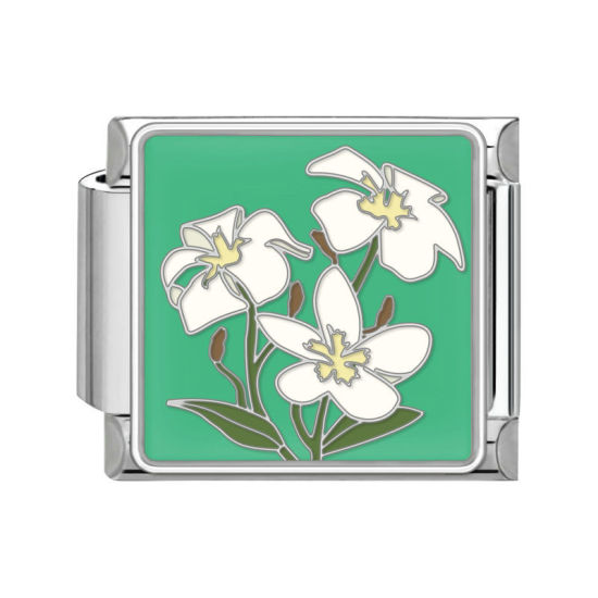 Picture of 1 Piece 304 Stainless Steel Italian Charm Links For DIY Bracelet Jewelry Making Silver Tone Multicolor Rectangle Flower 10mm x 9mm