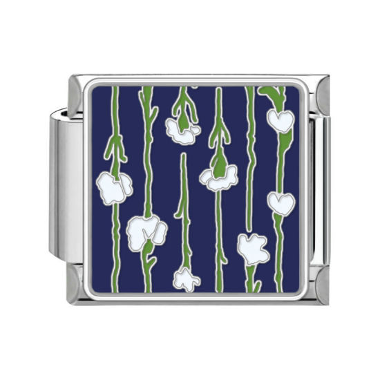 Picture of 1 Piece 304 Stainless Steel Italian Charm Links For DIY Bracelet Jewelry Making Silver Tone Multicolor Rectangle Flower 10mm x 9mm