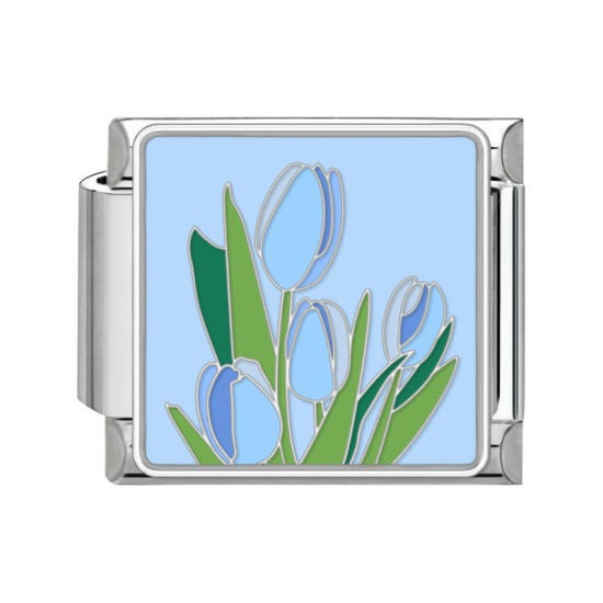 Picture of 1 Piece 304 Stainless Steel Italian Charm Links For DIY Bracelet Jewelry Making Silver Tone Multicolor Rectangle Tulip Flower 10mm x 9mm
