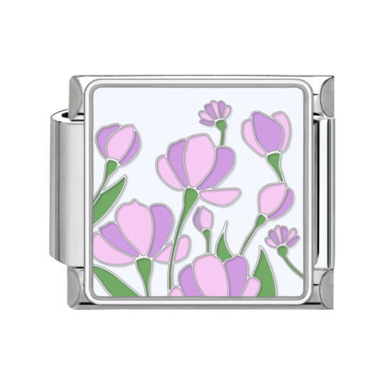 Picture of 1 Piece 304 Stainless Steel Italian Charm Links For DIY Bracelet Jewelry Making Silver Tone Multicolor Rectangle Flower 10mm x 9mm