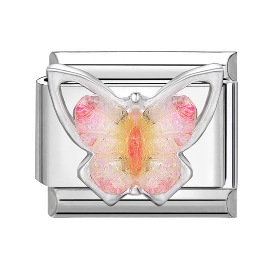 Bild von 1 Stück 304 Edelstahl Charm-Armband mit italienischen Gliedern zur Herstellung von DIY-Schmuck Silberfarbe Rosa Rechteck Schmetterling 10mm x 9mm