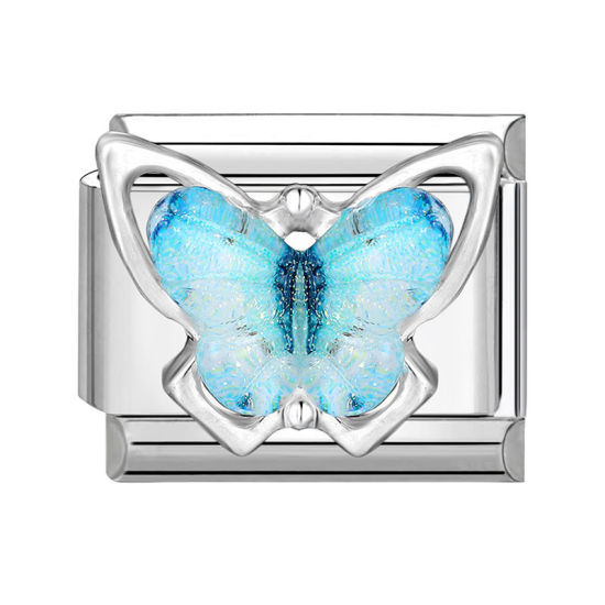 Bild von 1 Stück 304 Edelstahl Charm-Armband mit italienischen Gliedern zur Herstellung von DIY-Schmuck Silberfarbe Blau Rechteck Schmetterling 10mm x 9mm