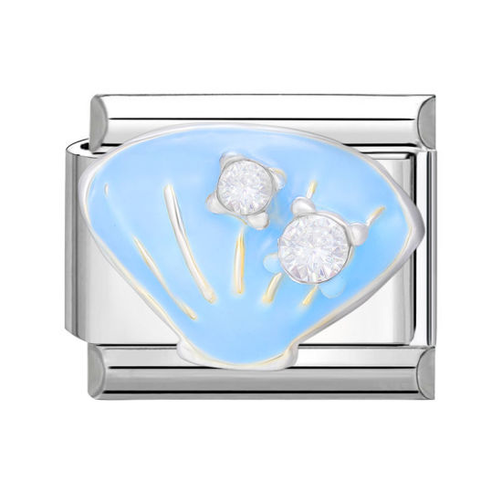 Изображение 1 ШТ 304 Нержавеющая Сталь Очаровательный итальянский браслет со звеньями Изготовление ювелирных изделий своими руками Серебряный Тон Синий С Эмалью Прямоугольник Перламутр Прозрачный Стразы 10мм x 9мм