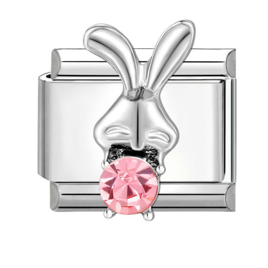 Изображение 1 ШТ 304 Нержавеющая Сталь Очаровательный итальянский браслет со звеньями Изготовление ювелирных изделий своими руками Серебряный Тон Прямоугольник Кролик Розовый Стразы 10мм x 9мм