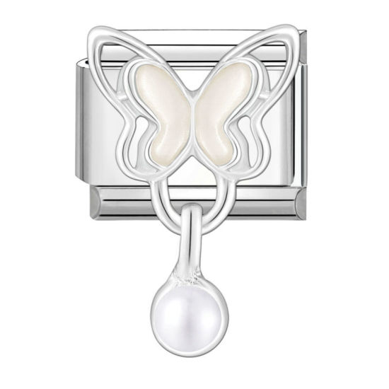 Изображение 1 ШТ 304 Нержавеющая Сталь Очаровательный итальянский браслет со звеньями Изготовление ювелирных изделий своими руками Серебряный Тон Прямоугольник Бабочка Имитация жемчуга 10мм x 9мм