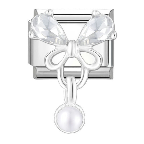 Изображение 1 ШТ 304 Нержавеющая Сталь Очаровательный итальянский браслет со звеньями Изготовление ювелирных изделий своими руками Серебряный Тон Прямоугольник Бабочка Имитация жемчуга Прозрачный Стразы 10мм x 9мм