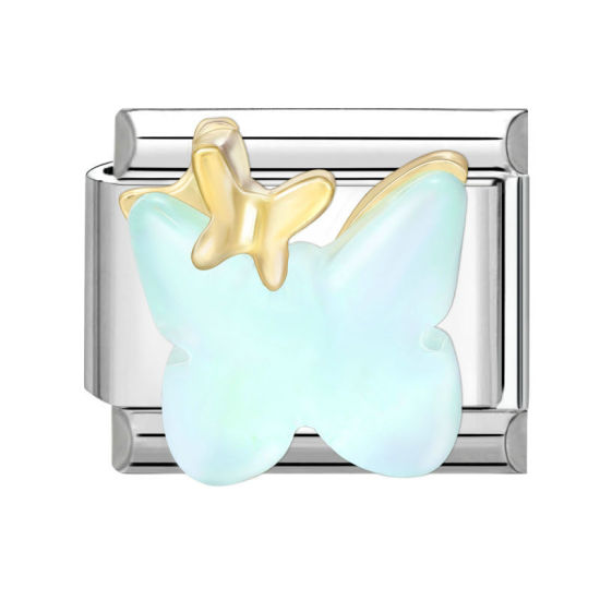 Изображение 1 ШТ 304 Нержавеющая Сталь Очаровательный итальянский браслет со звеньями Изготовление ювелирных изделий своими руками Серебряный Тон Зеленый С Эмалью Прямоугольник Бабочка 10мм x 9мм