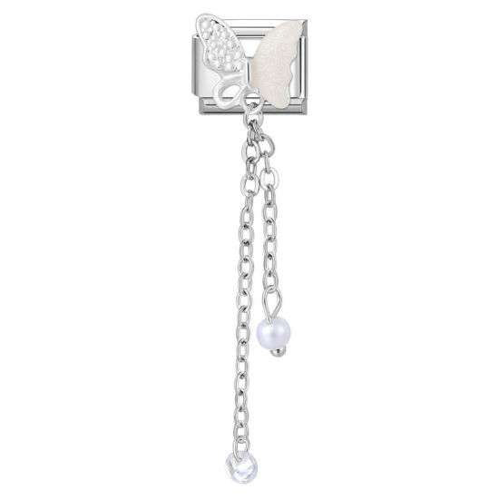 Bild von 1 Stück 304 Edelstahl Charm-Armband mit italienischen Gliedern zur Herstellung von DIY-Schmuck Silberfarbe Quast Schmetterling Imitat Perle 10mm x 9mm