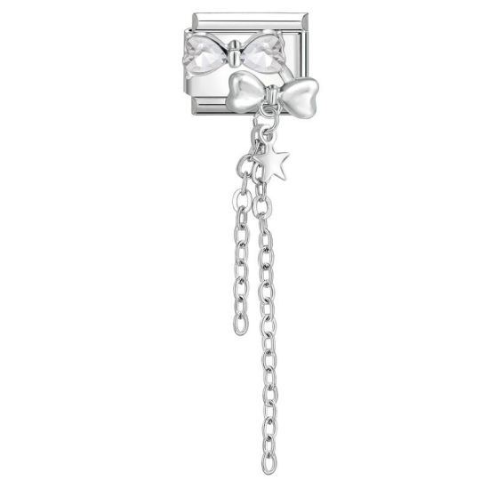 Bild von 1 Stück 304 Edelstahl Charm-Armband mit italienischen Gliedern zur Herstellung von DIY-Schmuck Silberfarbe Quast Schleife Transparent Strass 10mm x 9mm