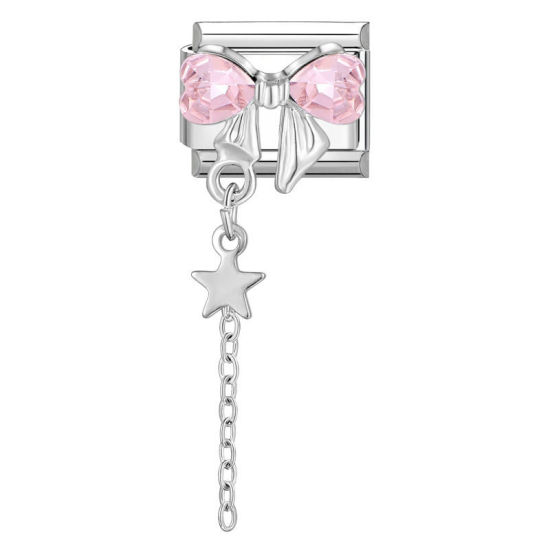 Bild von 1 Stück 304 Edelstahl Charm-Armband mit italienischen Gliedern zur Herstellung von DIY-Schmuck Silberfarbe Quast Schleife Rosa Strass 10mm x 9mm