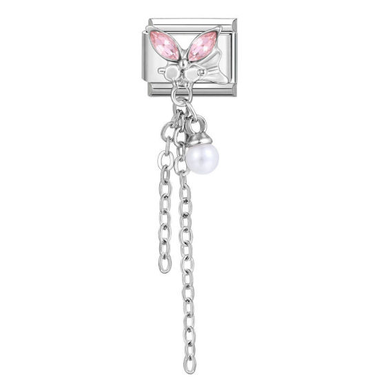 Bild von 1 Stück 304 Edelstahl Charm-Armband mit italienischen Gliedern zur Herstellung von DIY-Schmuck Silberfarbe Quast Schmetterling Rosa Strass 10mm x 9mm