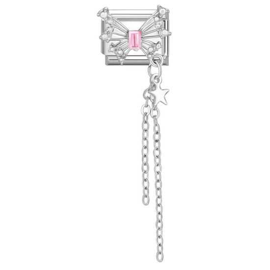 Bild von 1 Stück 304 Edelstahl Charm-Armband mit italienischen Gliedern zur Herstellung von DIY-Schmuck Silberfarbe Quast Schmetterling Rosa Strass 10mm x 9mm