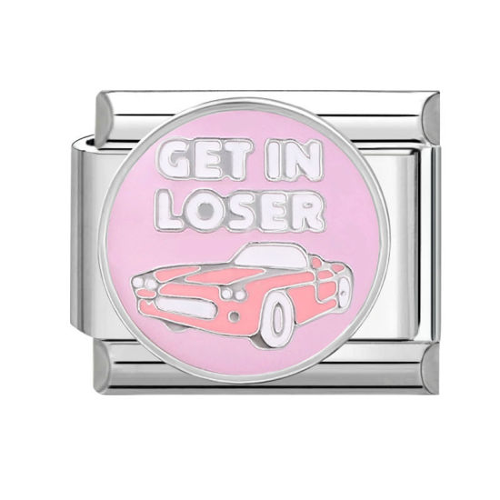 Imagen de 1 Unidad 304 Acero Inoxidable Charm Pulsera de Eslabones Italianos para Hacer Joyas DIY Tono de Plata Rosado Rectángulo Coche Mensaje " Get In Loser " 10mm x 9mm
