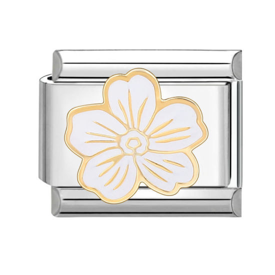 Bild von 1 Stück 304 Edelstahl Charm-Armband mit italienischen Gliedern zur Herstellung von DIY-Schmuck Silberfarbe Weiß Rechteck Blumen 10mm x 9mm