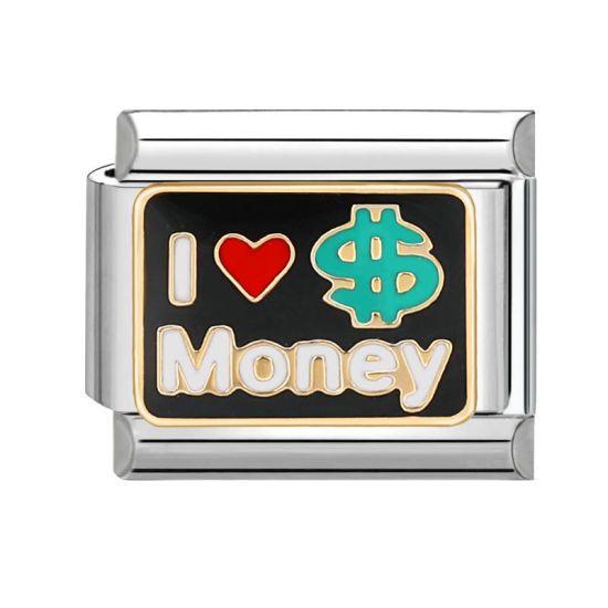 Bild von 1 Stück 304 Edelstahl Charm-Armband mit italienischen Gliedern zur Herstellung von DIY-Schmuck Silberfarbe Bunt Rechteck Message " I Love Money " 10mm x 9mm