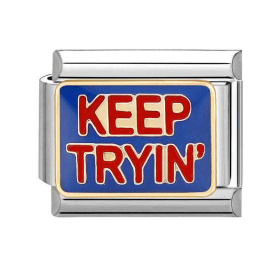 Bild von 1 Stück 304 Edelstahl Charm-Armband mit italienischen Gliedern zur Herstellung von DIY-Schmuck Silberfarbe Rot Rechteck Message " Keep Tryin' " 10mm x 9mm